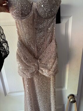 Sequin and Pearl Strapless Gown in skin tone shade